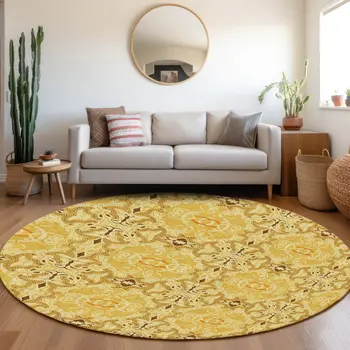 8' Orange Copper And Gold Round Medallion Washable Indoor Outdoor Area Rug