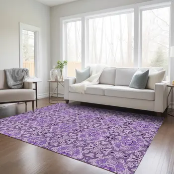 3' X 5' Purple And Lavender Medallion Washable Indoor Outdoor Area Rug