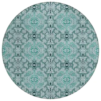 8' Teal Blue And Aqua Round Medallion Washable Indoor Outdoor Area Rug