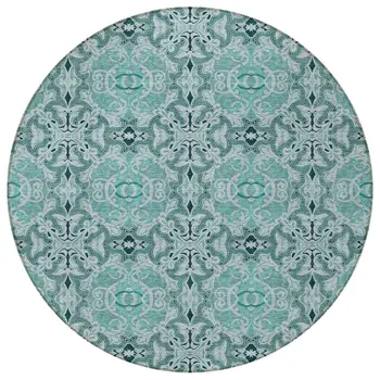 8' Teal Blue And Aqua Round Medallion Washable Indoor Outdoor Area Rug