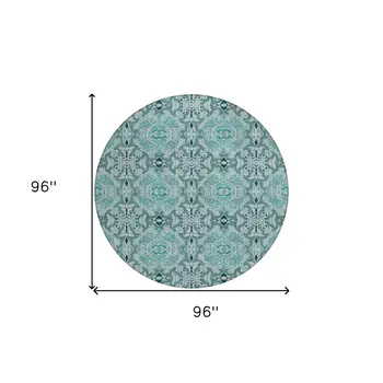 8' Teal Blue And Aqua Round Medallion Washable Indoor Outdoor Area Rug