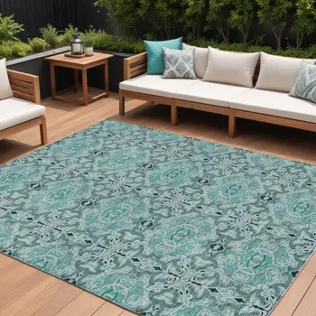 8' X 10' Teal Blue And Aqua Medallion Washable Indoor Outdoor Area Rug