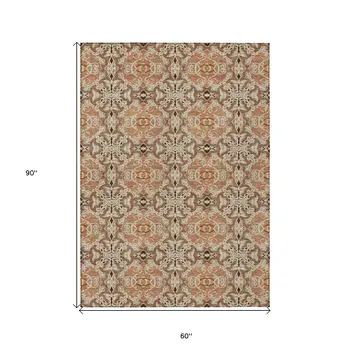 5' X 8' Terra Cotta Copper And Beige Medallion Washable Indoor Outdoor Area Rug