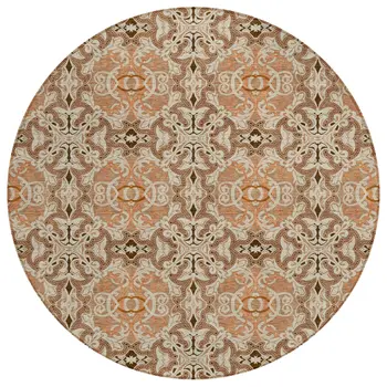 8' Terra Cotta Copper And Beige Round Medallion Washable Indoor Outdoor Area Rug