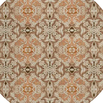 8' Terra Cotta Copper And Beige Round Medallion Washable Indoor Outdoor Area Rug