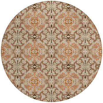 8' Terra Cotta Copper And Beige Round Medallion Washable Indoor Outdoor Area Rug