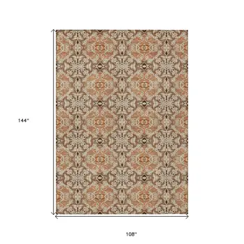 9' X 12' Terra Cotta Copper And Beige Medallion Washable Indoor Outdoor Area Rug
