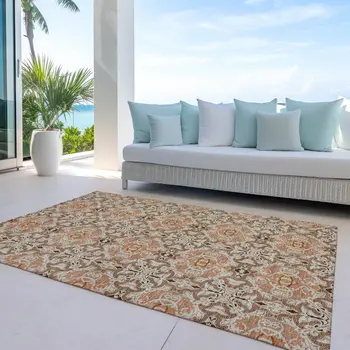 9' X 12' Terra Cotta Copper And Beige Medallion Washable Indoor Outdoor Area Rug
