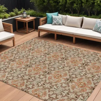10' X 14' Terra Cotta Copper And Beige Medallion Washable Indoor Outdoor Area Rug