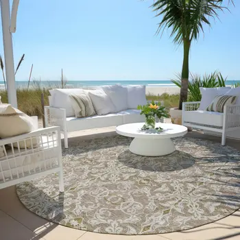 8' Brown Beige And Taupe Round Medallion Washable Indoor Outdoor Area Rug