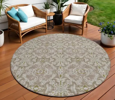 8' Brown Beige And Taupe Round Medallion Washable Indoor Outdoor Area Rug