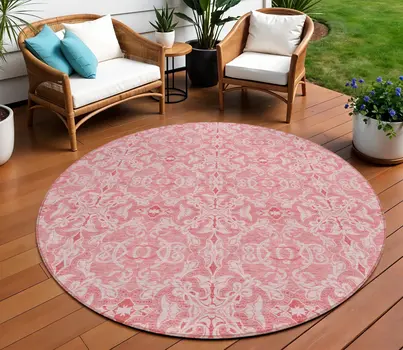 8' Pink And Blush Round Medallion Washable Indoor Outdoor Area Rug