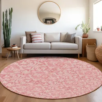 8' Pink And Blush Round Medallion Washable Indoor Outdoor Area Rug