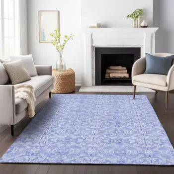 5' X 8' Sky Blue And Denim Blue Medallion Washable Indoor Outdoor Area Rug
