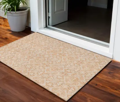 3' X 5' Salmon And Beige Medallion Washable Indoor Outdoor Area Rug