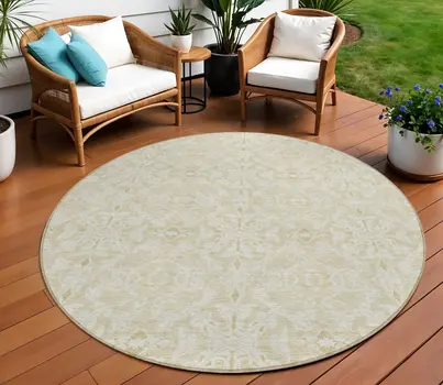 8' Tan And Beige Round Medallion Washable Indoor Outdoor Area Rug
