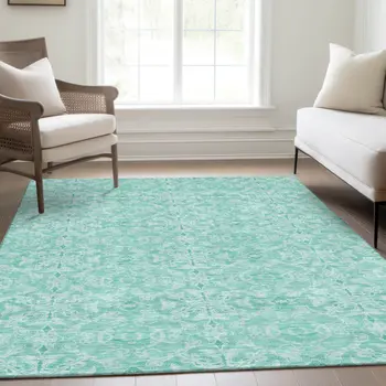5' X 8' Turquoise And Teal Blue Medallion Washable Indoor Outdoor Area Rug