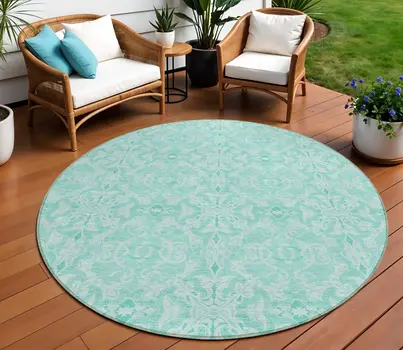 8' Turquoise And Teal Blue Round Medallion Washable Indoor Outdoor Area Rug