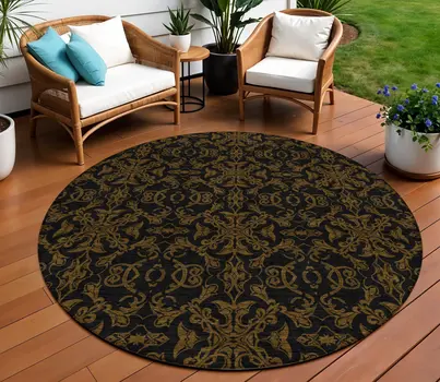 8' Brown And Black Round Medallion Washable Indoor Outdoor Area Rug