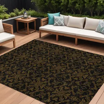 10' X 14' Brown And Black Medallion Washable Indoor Outdoor Area Rug