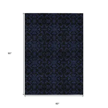 5' X 8' Blue And Navy Blue Medallion Washable Indoor Outdoor Area Rug