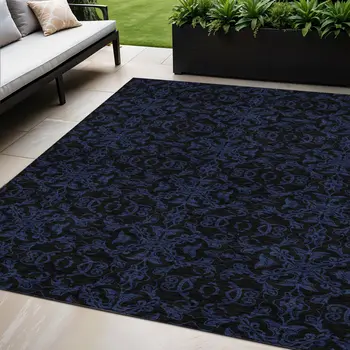 5' X 8' Blue And Navy Blue Medallion Washable Indoor Outdoor Area Rug