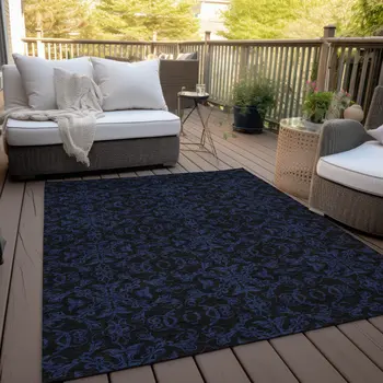 5' X 8' Blue And Navy Blue Medallion Washable Indoor Outdoor Area Rug