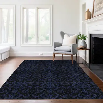 5' X 8' Blue And Navy Blue Medallion Washable Indoor Outdoor Area Rug