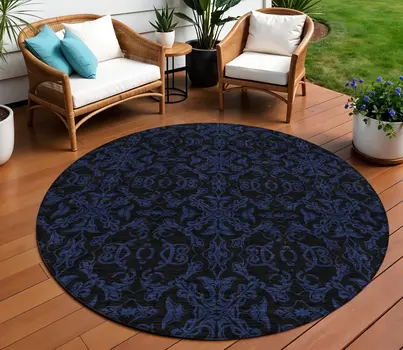 8' Blue And Navy Blue Round Medallion Washable Indoor Outdoor Area Rug