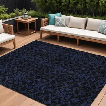 8' X 10' Blue And Navy Blue Medallion Washable Indoor Outdoor Area Rug