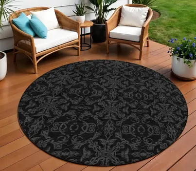 8' Gray And Charcoal Round Medallion Washable Indoor Outdoor Area Rug