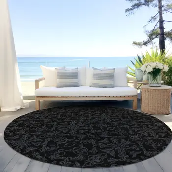 8' Gray And Charcoal Round Medallion Washable Indoor Outdoor Area Rug