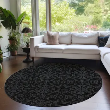8' Gray And Charcoal Round Medallion Washable Indoor Outdoor Area Rug