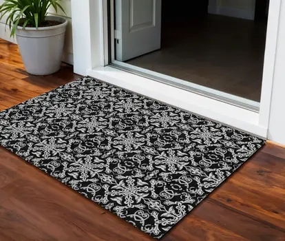 3' X 5' Ivory And Black Medallion Washable Indoor Outdoor Area Rug