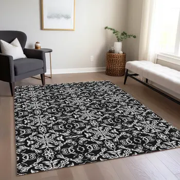 3' X 5' Ivory And Black Medallion Washable Indoor Outdoor Area Rug
