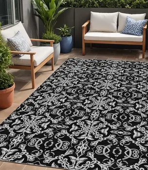 5' X 8' Ivory And Black Medallion Washable Indoor Outdoor Area Rug
