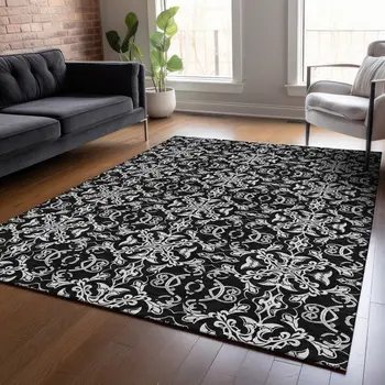 5' X 8' Ivory And Black Medallion Washable Indoor Outdoor Area Rug