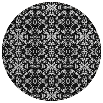 8' Ivory And Black Round Medallion Washable Indoor Outdoor Area Rug