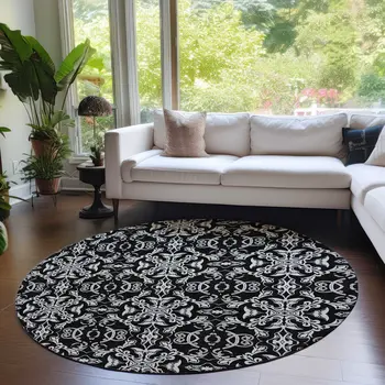 8' Ivory And Black Round Medallion Washable Indoor Outdoor Area Rug