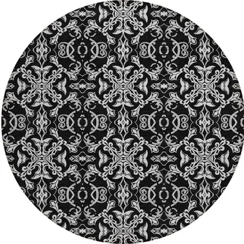 8' Ivory And Black Round Medallion Washable Indoor Outdoor Area Rug