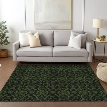 3' X 5' Olive Green And Green Medallion Washable Indoor Outdoor Area Rug