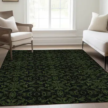 5' X 8' Olive Green And Green Medallion Washable Indoor Outdoor Area Rug