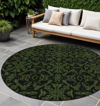 8' Olive Green And Green Round Medallion Washable Indoor Outdoor Area Rug