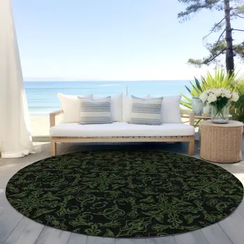 8' Olive Green And Green Round Medallion Washable Indoor Outdoor Area Rug