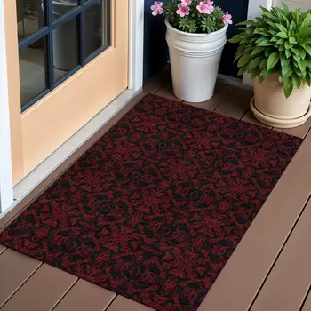 3' X 5' Red And Black Medallion Washable Indoor Outdoor Area Rug