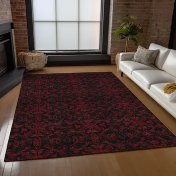 3' X 5' Red And Black Medallion Washable Indoor Outdoor Area Rug