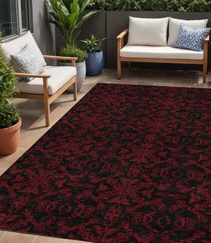5' X 8' Red And Black Medallion Washable Indoor Outdoor Area Rug