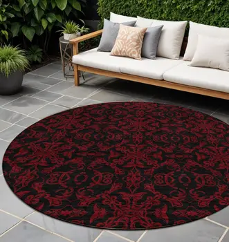 8' Red And Black Round Medallion Washable Indoor Outdoor Area Rug