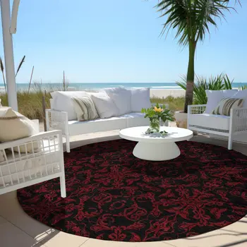 8' Red And Black Round Medallion Washable Indoor Outdoor Area Rug