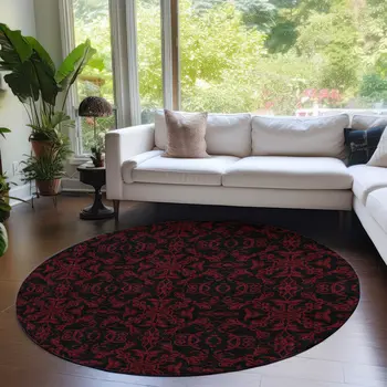 8' Red And Black Round Medallion Washable Indoor Outdoor Area Rug